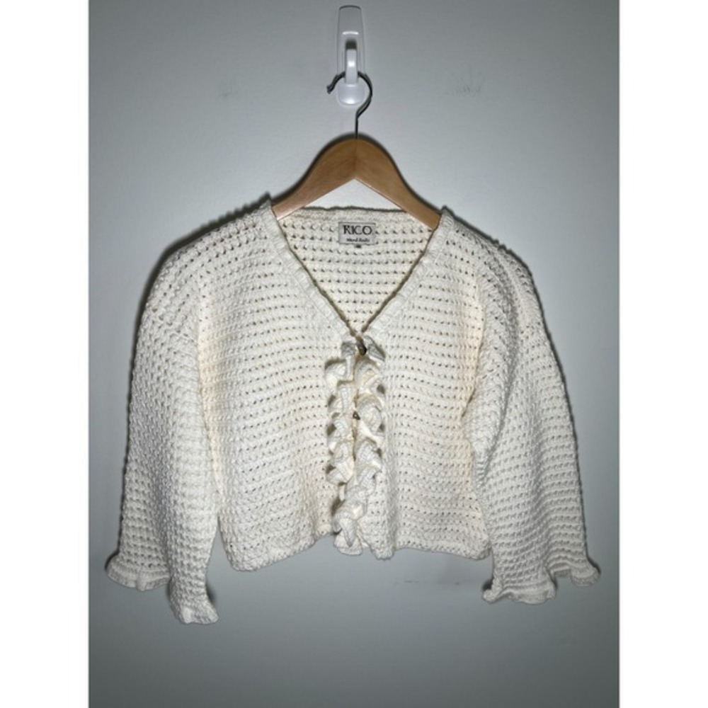Womens Coquette Preppy Ruffle Chunky Cardigan Sweater White Small 100% Cotton